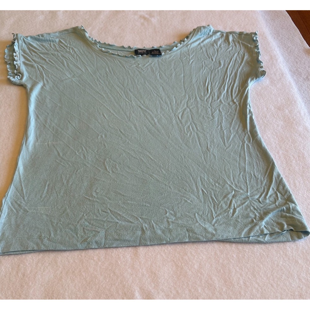 Mossimo Stretch Womens Ruffle Trim Top Light Blue Short Sleeve Scoop Neck L